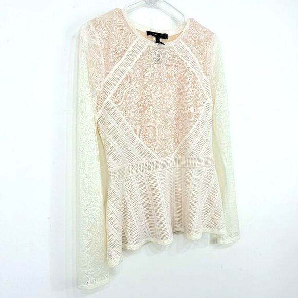 BCBGMaxazria Ivory Lace Long Sleeve Peplum Pullover Shirt - Picture 7 of 16